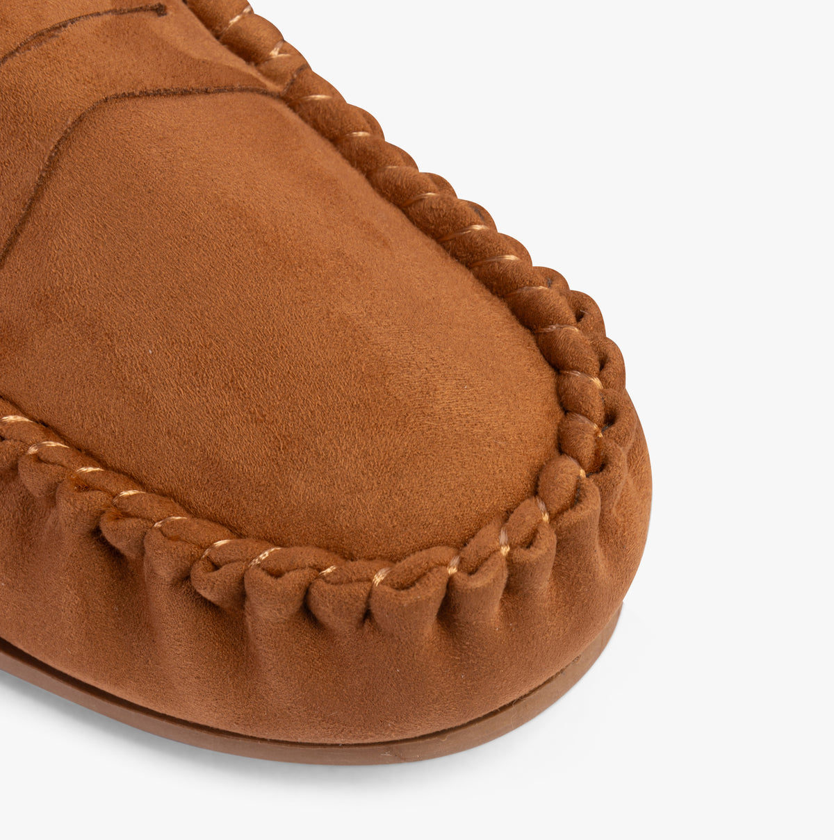 Jack & Jones MARK Mens Slippers Cognac detail view of the moccasin-style upper with braided edges