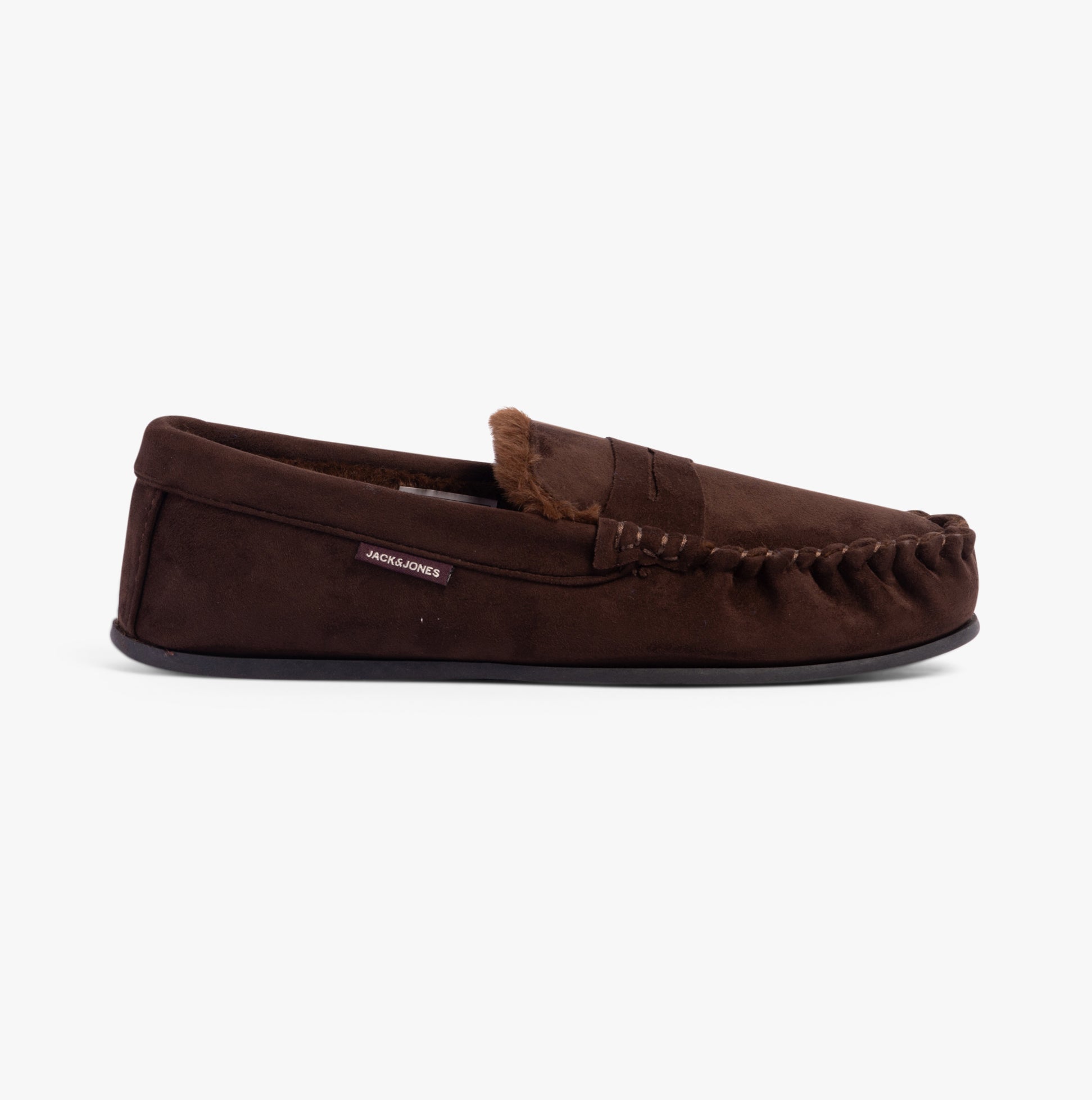 Jack & Jones MARK Mens Slippers Java side view showing comfortable moccasin design in dark brown color with slip-on style.