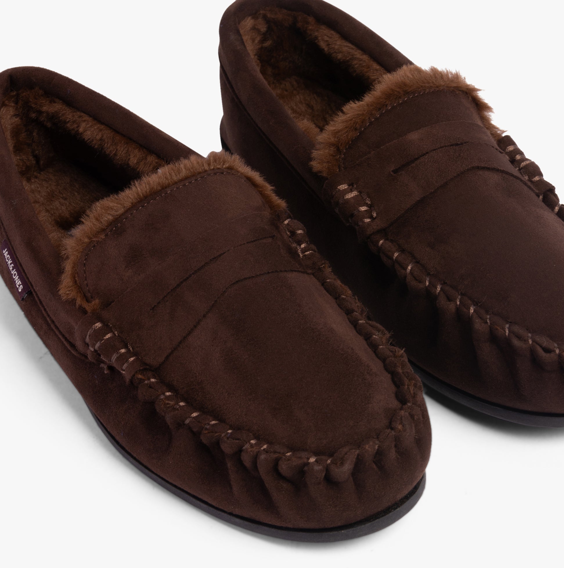 Jack & Jones MARK Mens Slippers Java moccasin style slippers, brown textile upper, side view showing comfort details.