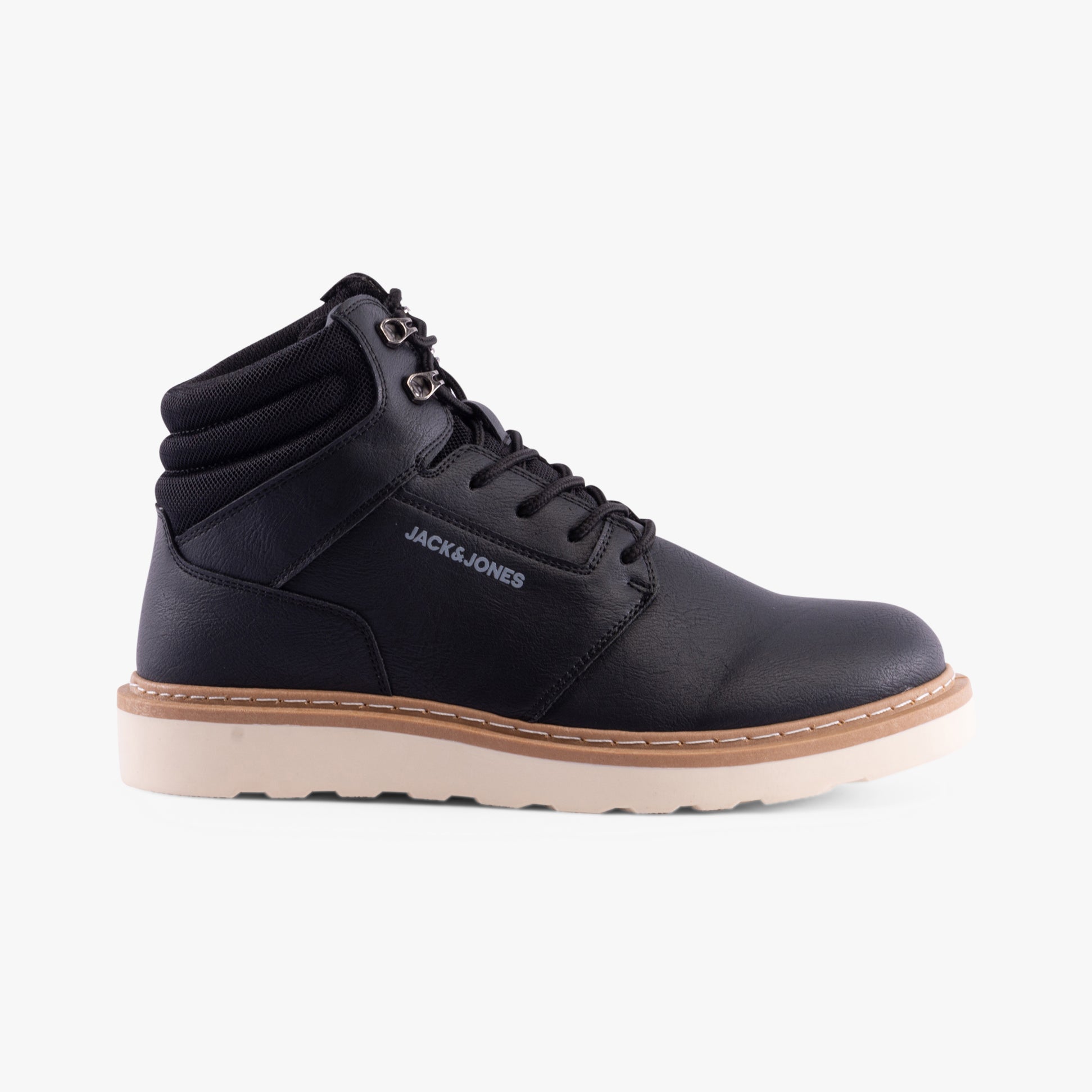 Jack & Jones OHIO PU Mens Boots Anthracite side view showcasing ankle boots with lace-up design and rubber sole.