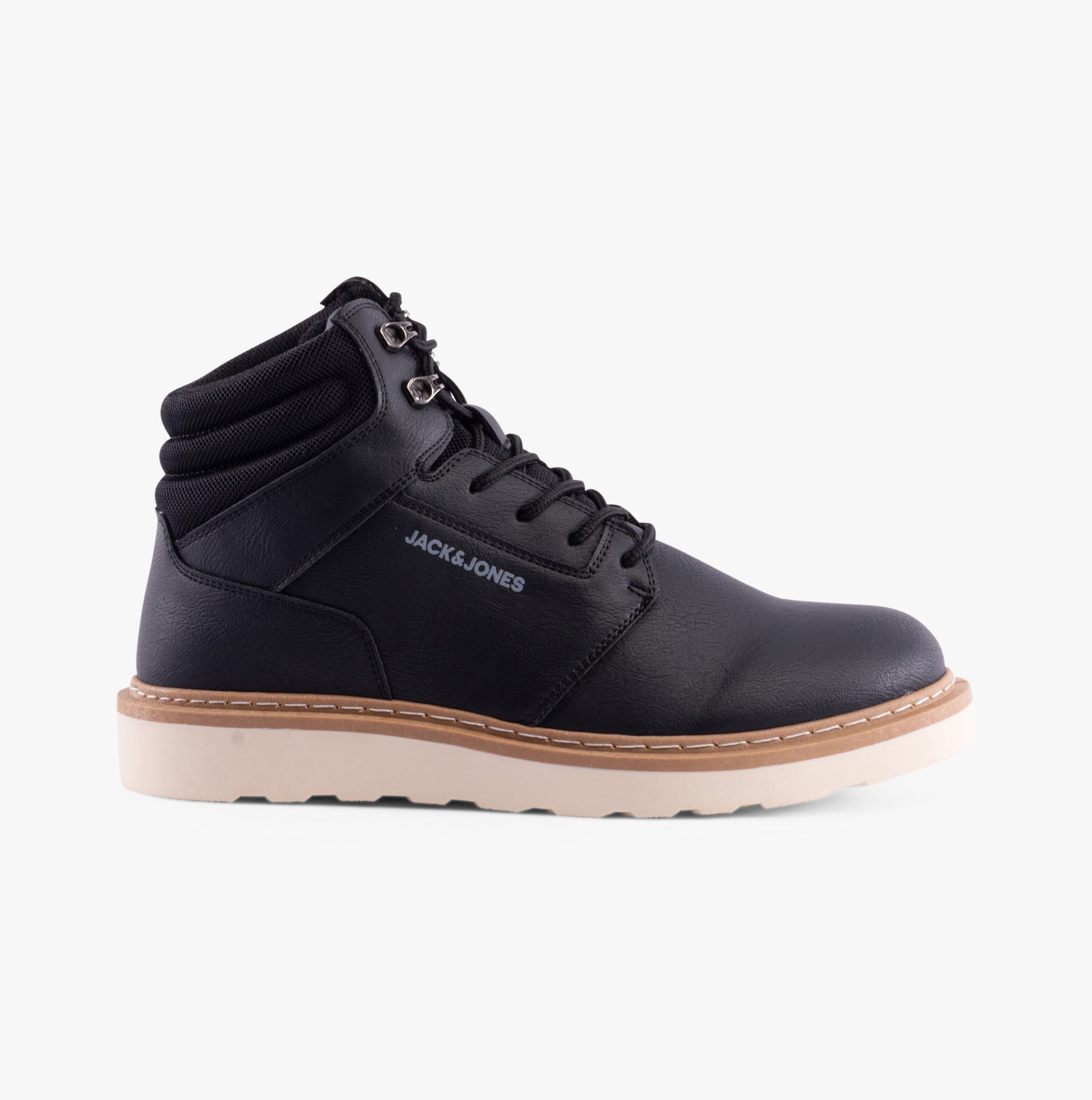 Jack & Jones OHIO PU Mens Boots Anthracite side view showcasing ankle boots with lace-up design and rubber sole.