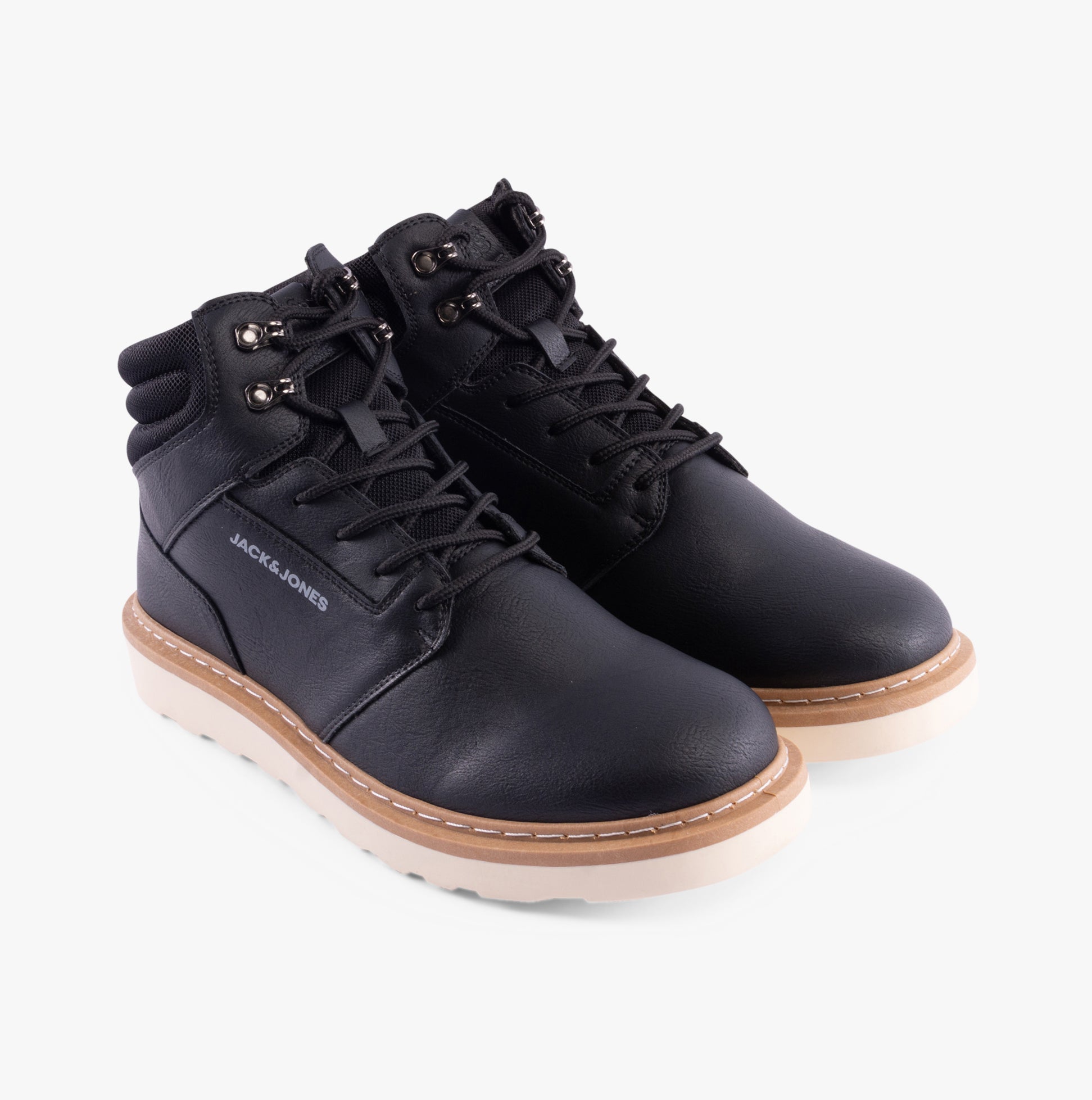 Jack & Jones OHIO PU Mens Boots Anthracite side view, lace-up ankle boots with round toe and rubber sole.