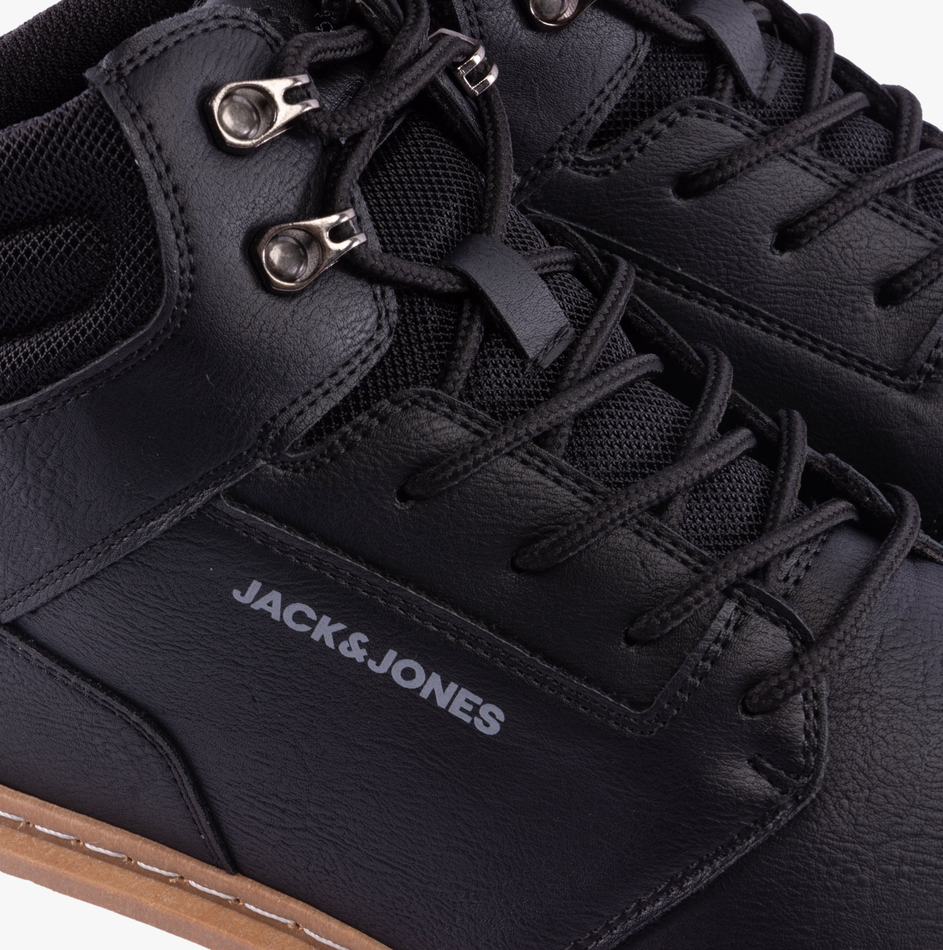 Jack & Jones OHIO PU Mens Boots Anthracite close-up view showing lace and upper material details.