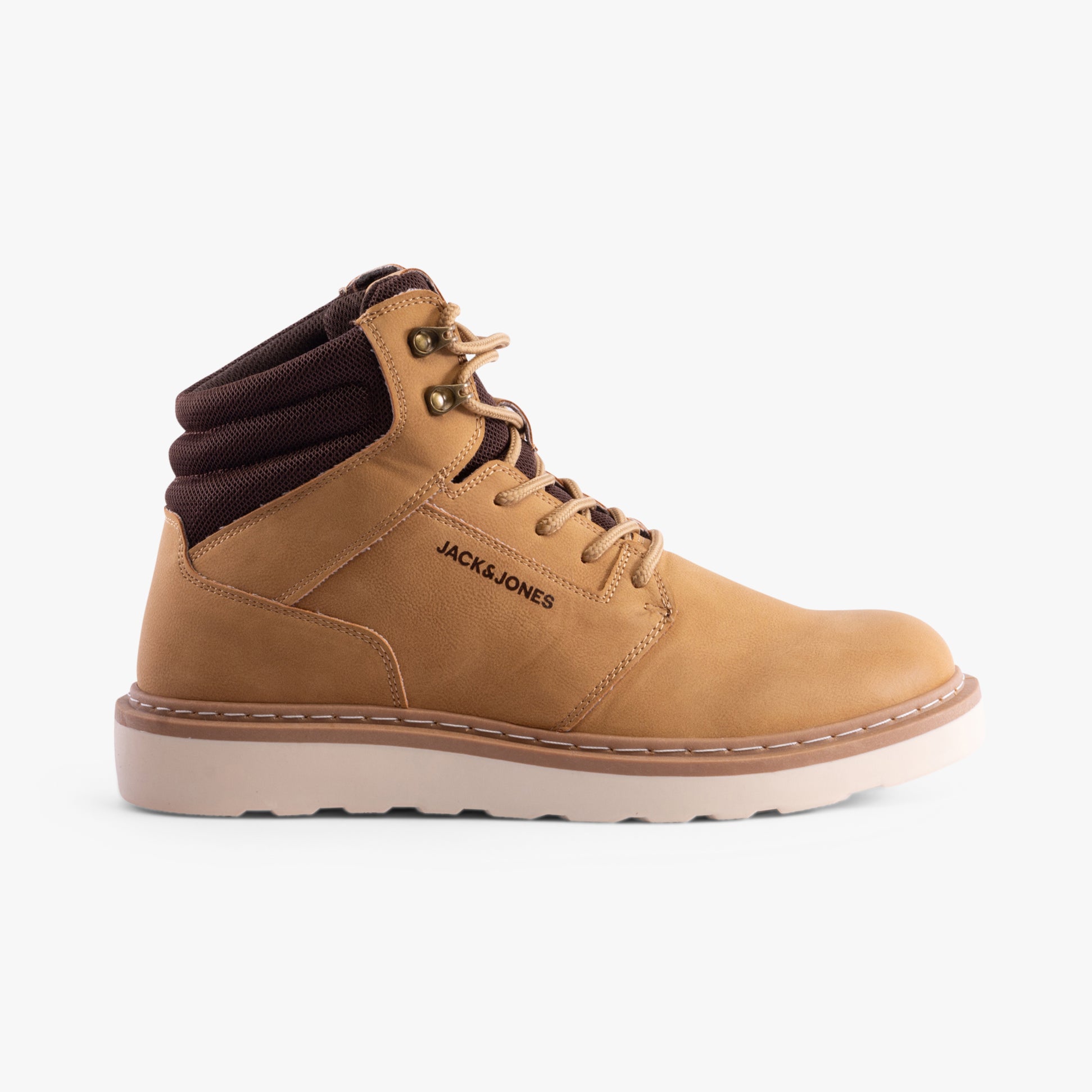 Jack & Jones OHIO PU Mens Boots Honey side view featuring lace-up design and round toe shape.