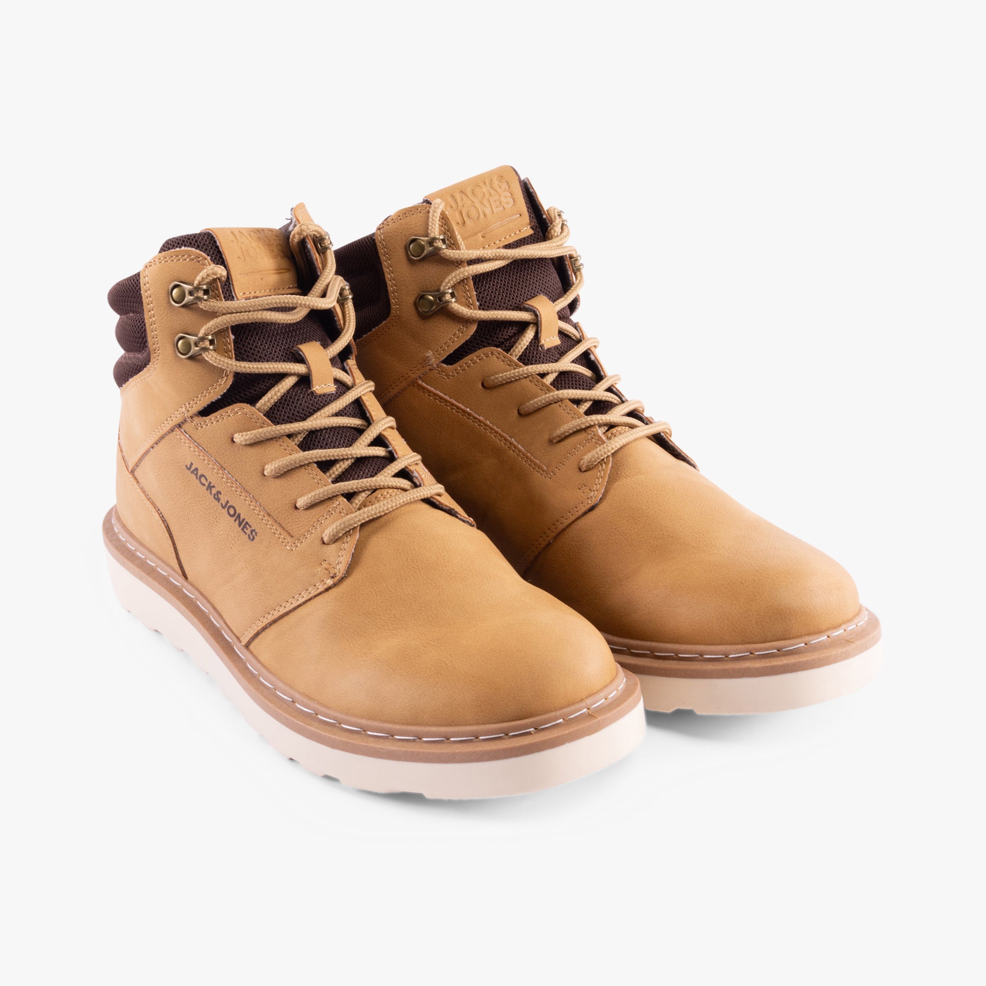 Jack & Jones OHIO PU Mens Boots Honey front view showing ankle height, lace-up closure and round toe design.