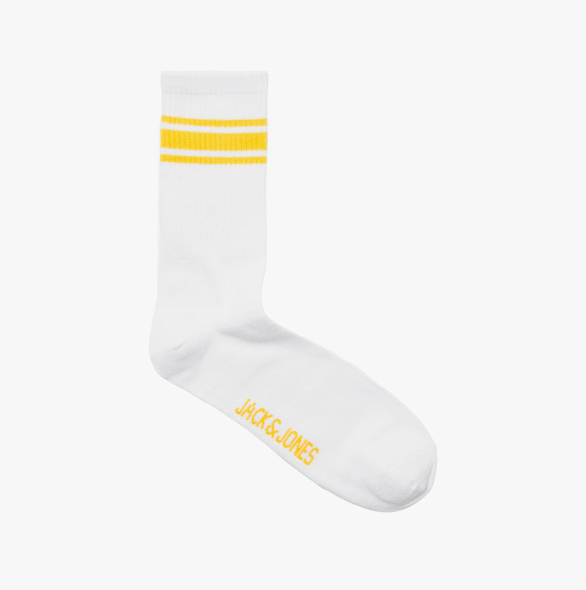 Jack & Jones TREY Mens 5-Pack Socks Bright White side view showing yellow stripes and brand logo