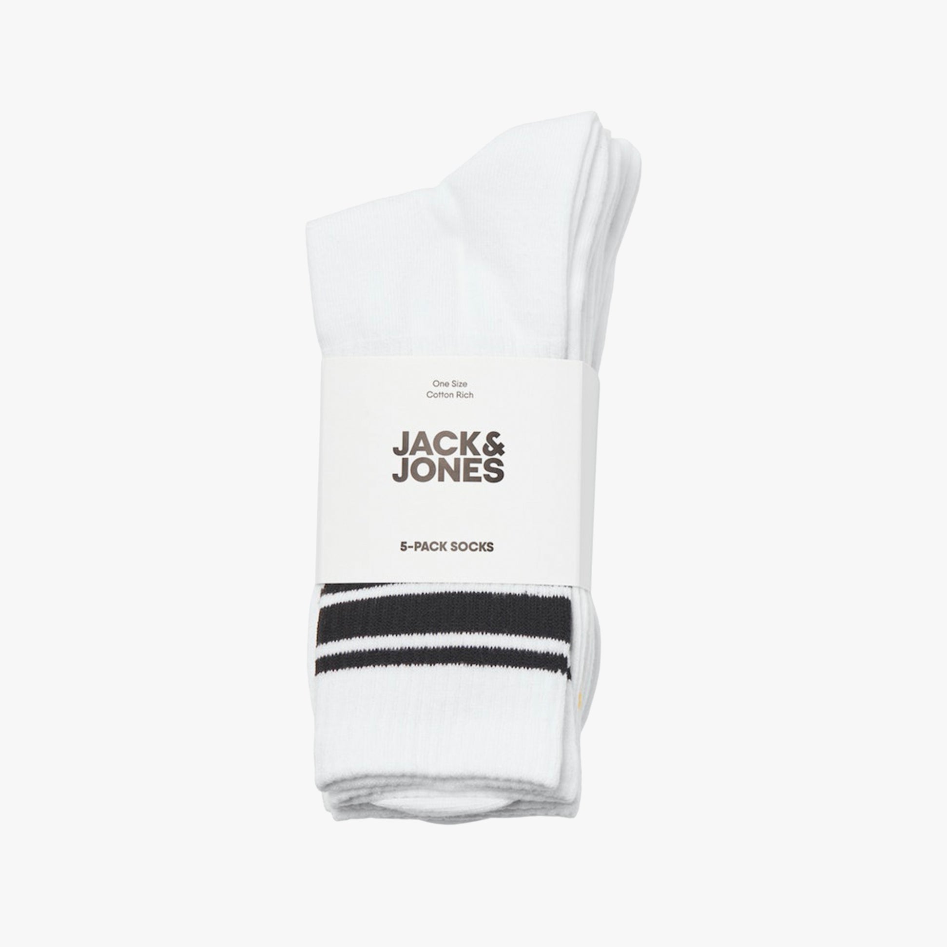 Jack & Jones TREY Mens 5-Pack Socks Bright White side view showing packaging and sock details.