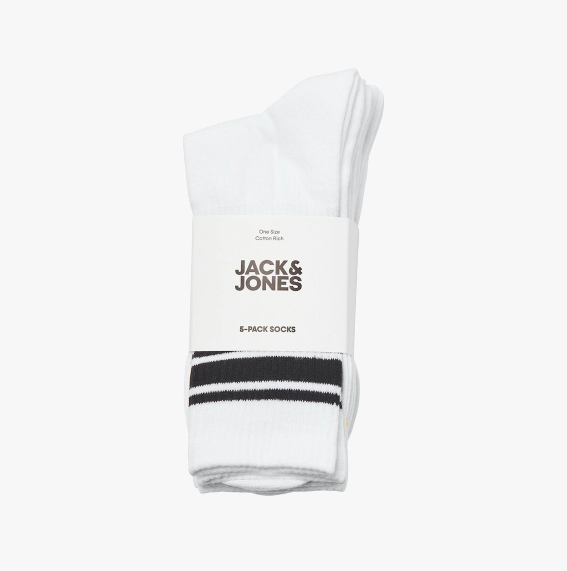 Jack & Jones TREY Mens 5-Pack Socks Bright White side view showing packaging and sock details.