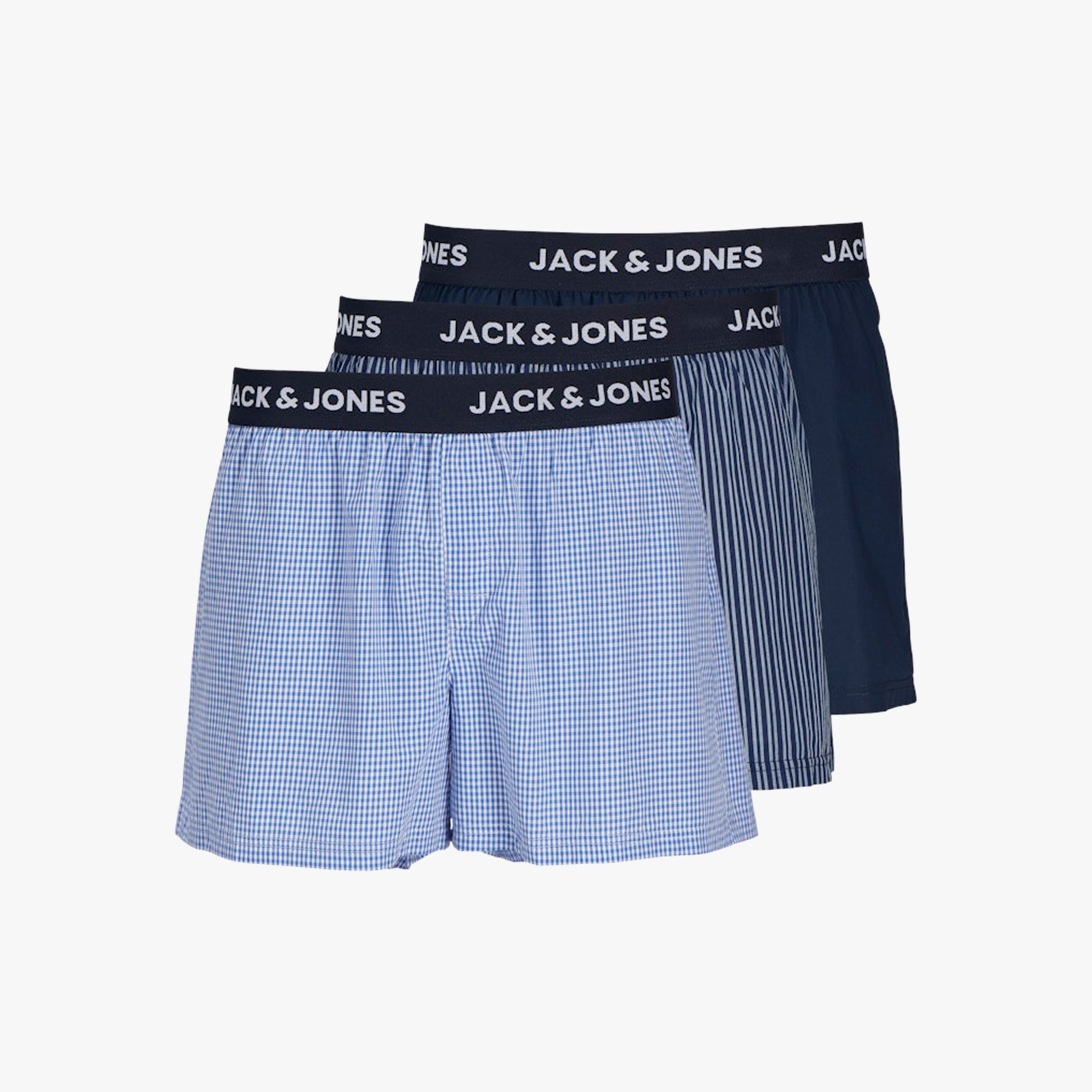 Jack & Jones HECTOR WOVEN Mens 3 Pack Boxer Shorts Navy Blazer - Front view showcasing three boxers with elasticated waistband.