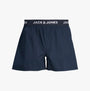 Jack & Jones HECTOR WOVEN Mens 3 Pack Boxer Shorts Navy Blazer front view showing elasticated waistband.