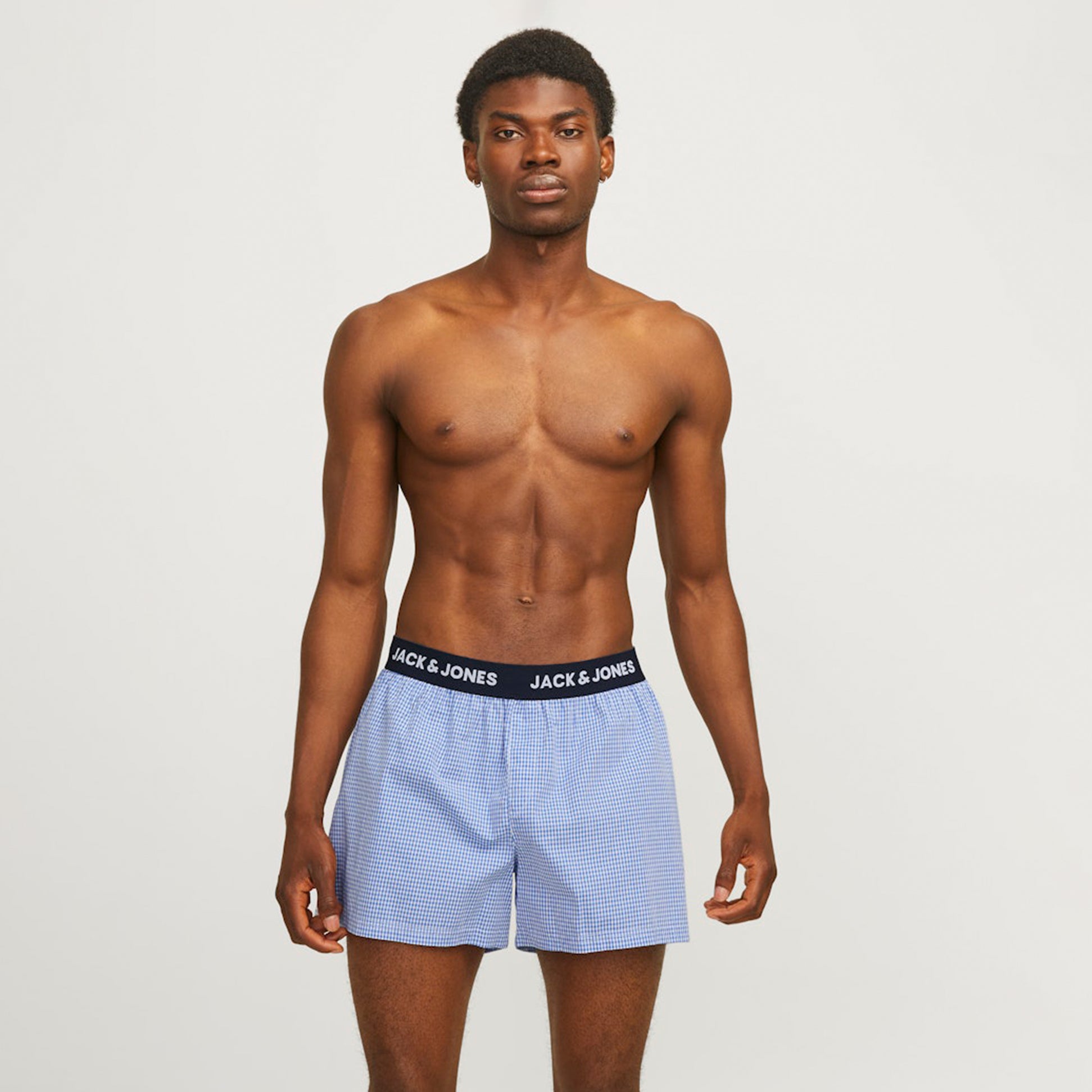 Jack & Jones HECTOR WOVEN Mens 3 Pack Boxer Shorts Navy Blazer front view on model, showing elastic waistband and design details.