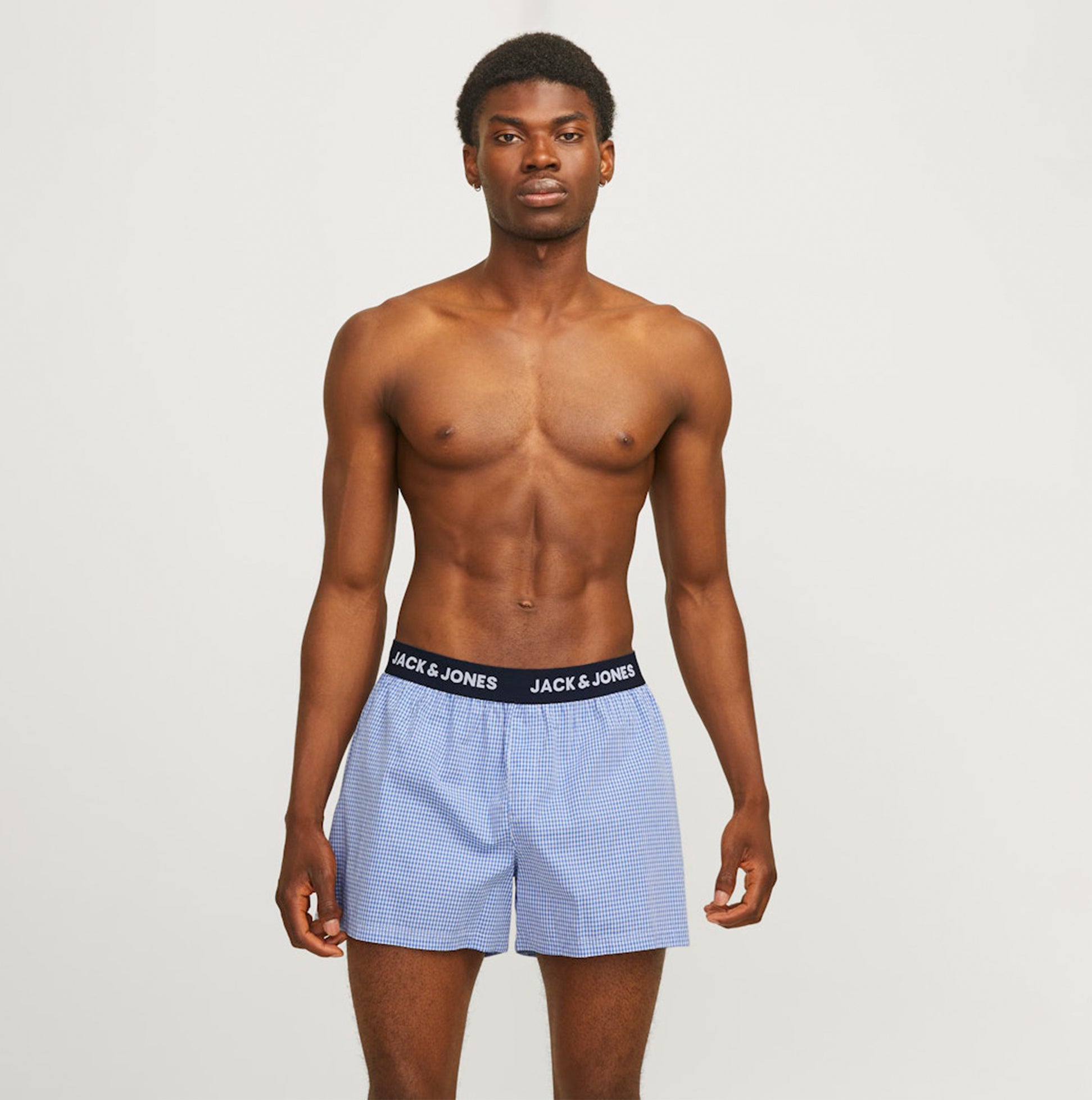 Jack & Jones HECTOR WOVEN Mens 3 Pack Boxer Shorts Navy Blazer front view on model, showing elastic waistband and design details.