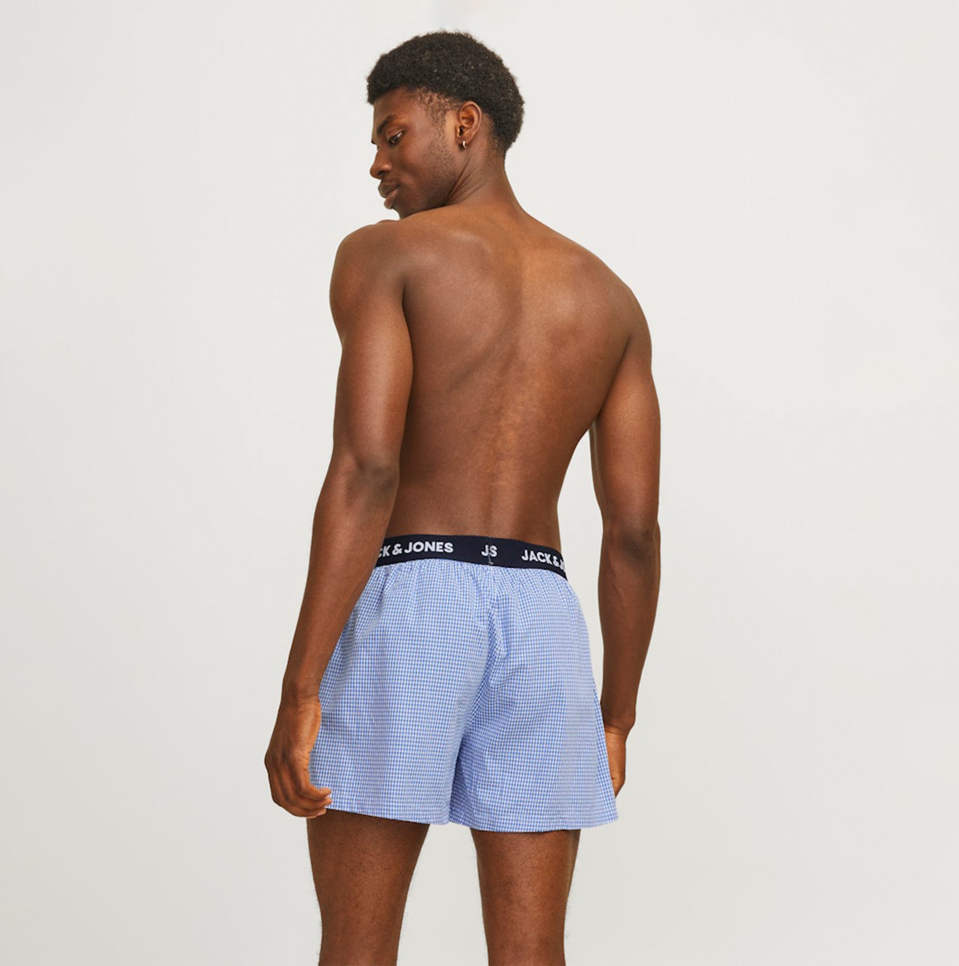 Jack & Jones HECTOR WOVEN Mens 3 Pack Boxer Shorts Navy Blazer back view on model showcasing elasticated waistband.