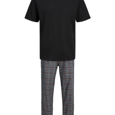 Jack & Jones BASIC TEE Mens Pyjama Set Black front view featuring a black tee and plaid trousers.