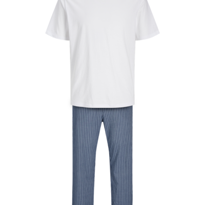 Jack & Jones BASIC TEE Mens Pyjama Set White front view showcasing white tee and blue striped pants.