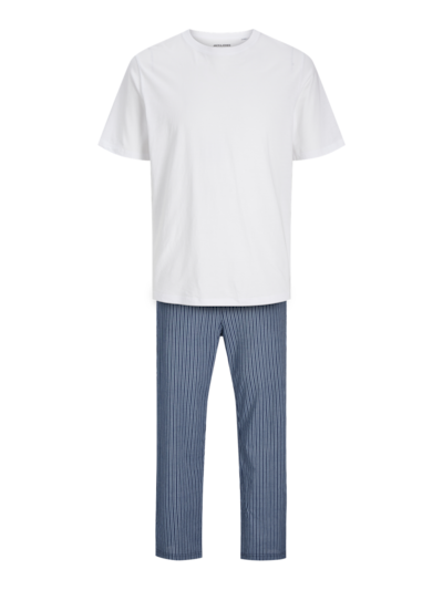 Jack & Jones BASIC TEE Mens Pyjama Set White front view showcasing white tee and blue striped pants.