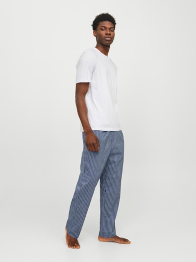 Jack & Jones BASIC TEE Mens Pyjama Set White side view showing model wearing white tee and striped pants.