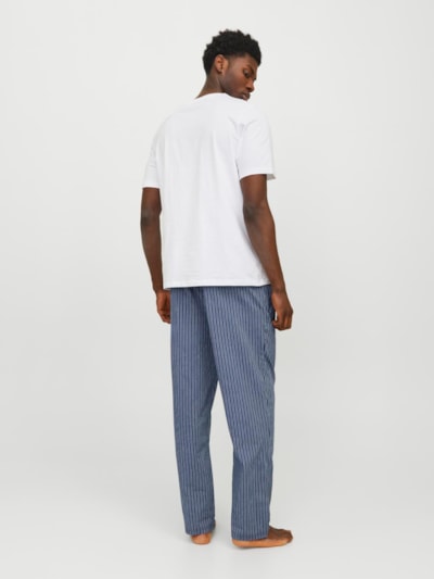 Jack & Jones BASIC TEE Mens Pyjama Set White back view, featuring a white short sleeve tee and striped blue pants.
