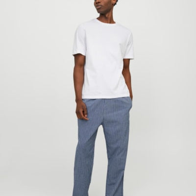 Jack & Jones BASIC TEE Mens Pyjama Set White front view featuring short-sleeve tee and striped pants.