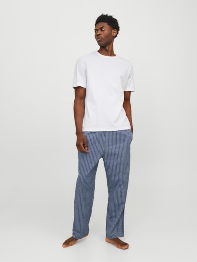 Jack & Jones BASIC TEE Mens Pyjama Set White front view featuring short-sleeve tee and striped pants.