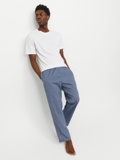 Jack & Jones BASIC TEE Mens Pyjama Set White, front view of model wearing white shirt and striped pants.