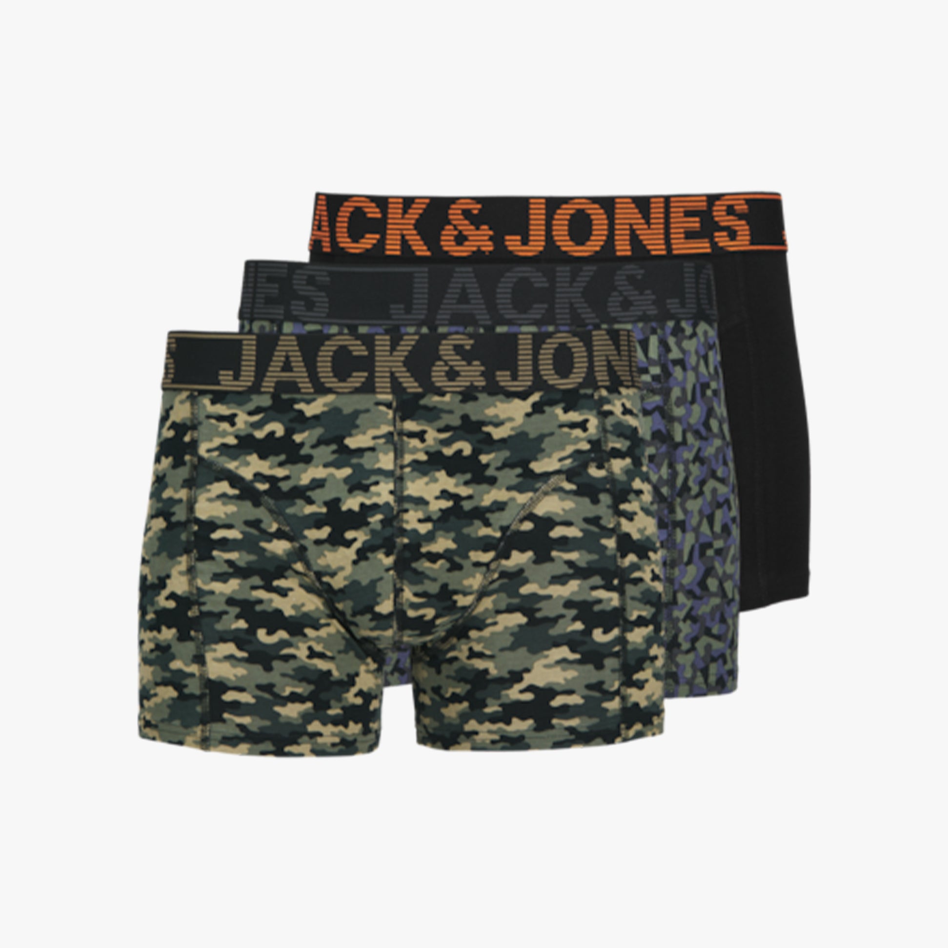 Jack & Jones DANNY Mens 3 Pack Trunks Black front view featuring black, camo, and print trunks with elasticated waistbands.