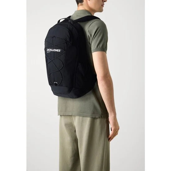 Jack & Jones JACZITRUS BACKPACK Mens Black, side view on model, showcasing adjustable strap and zip fastening.