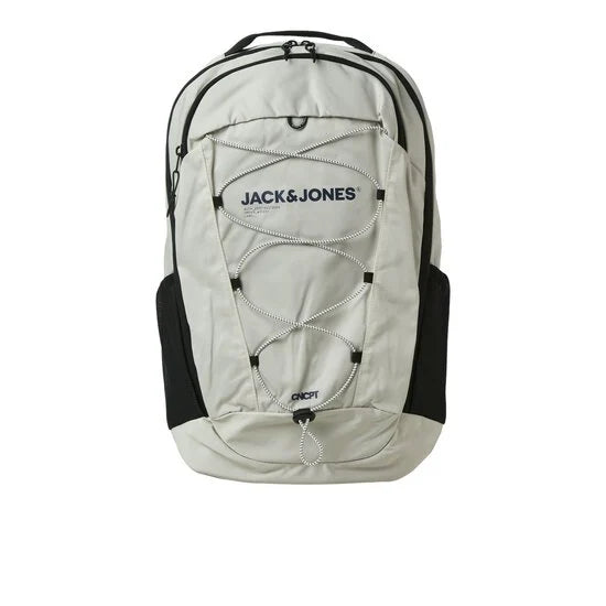 Jack & Jones JACZITRUS BACKPACK Mens Moonbeam front view showcasing zip closure and adjustable strap.