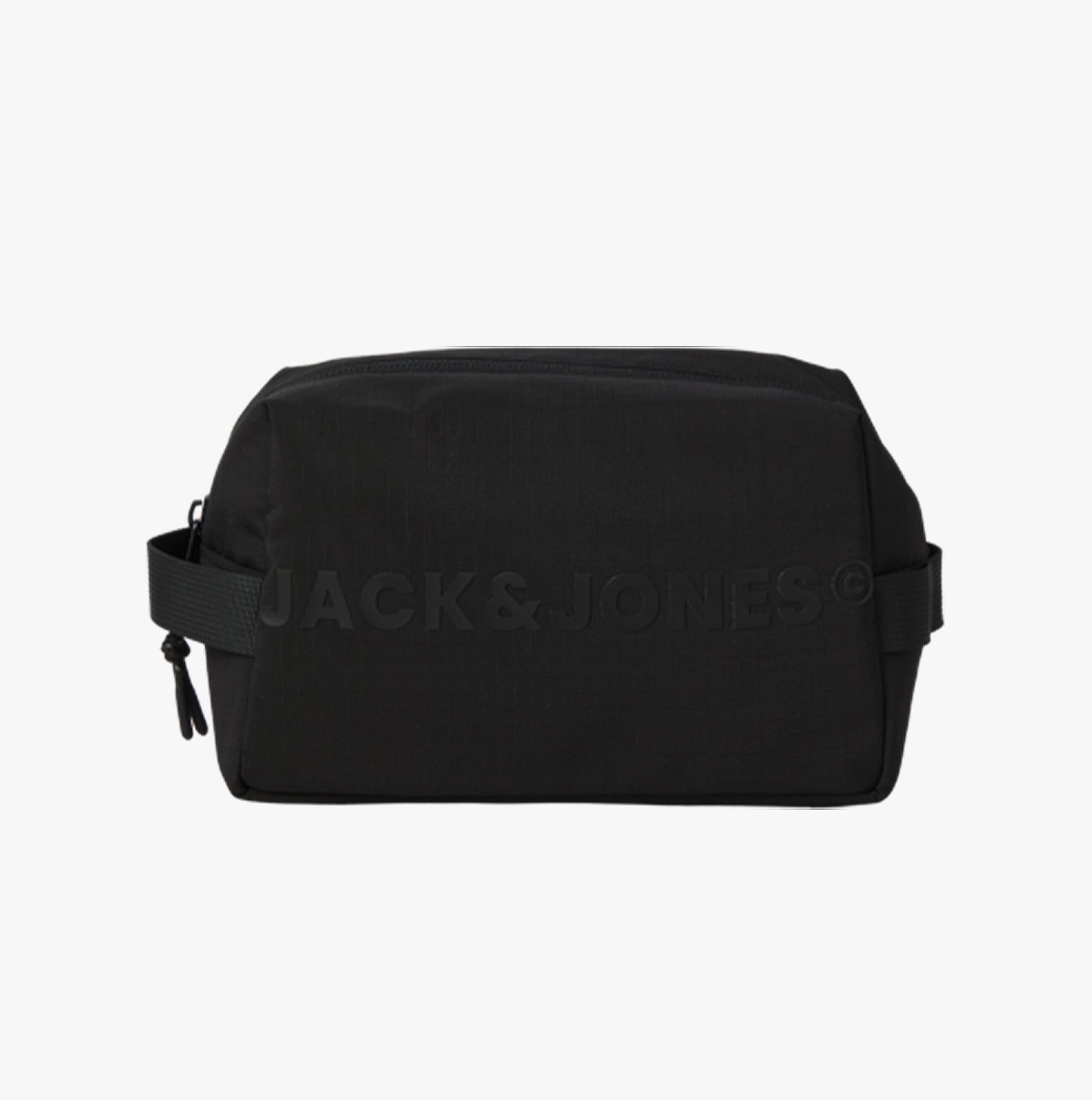 Jack & Jones NORTH Mens Toiletry Bag Black front view, lightweight 100% polyester, zip closure.