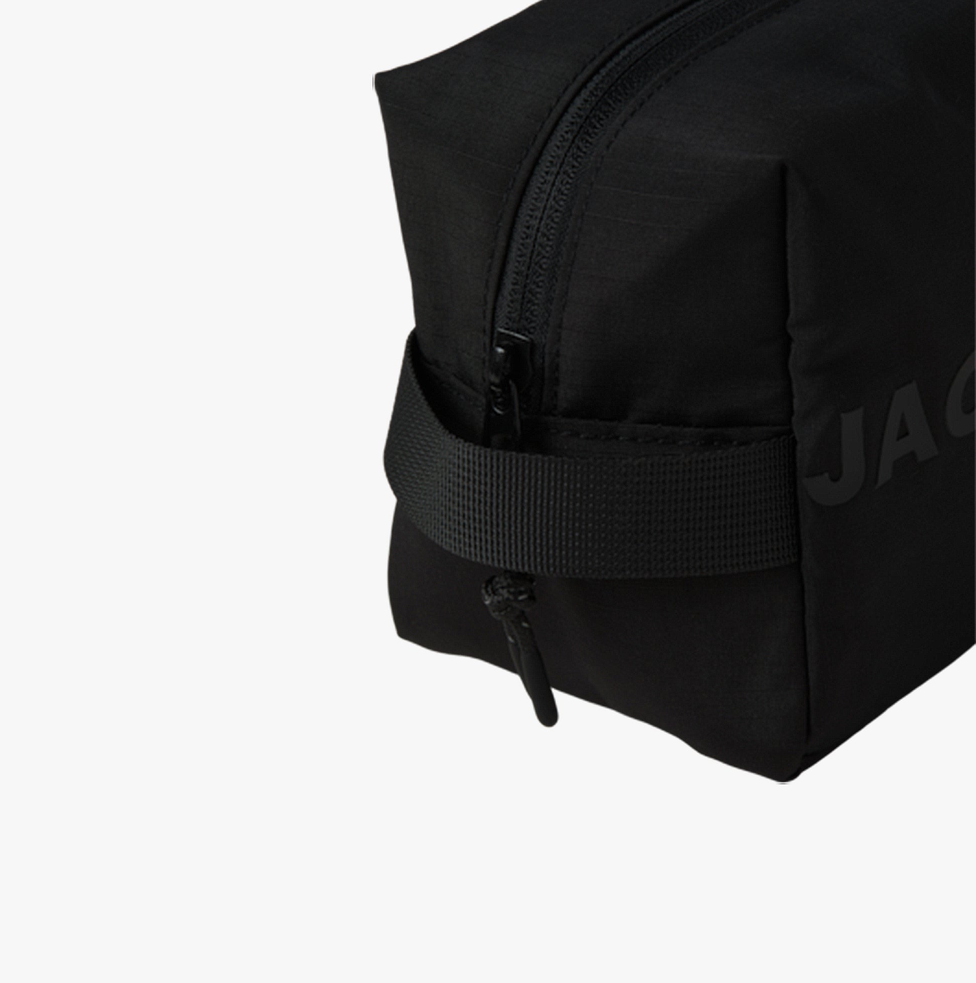 Jack & Jones NORTH Mens Toiletry Bag Black side view featuring zip closure and strap detail.