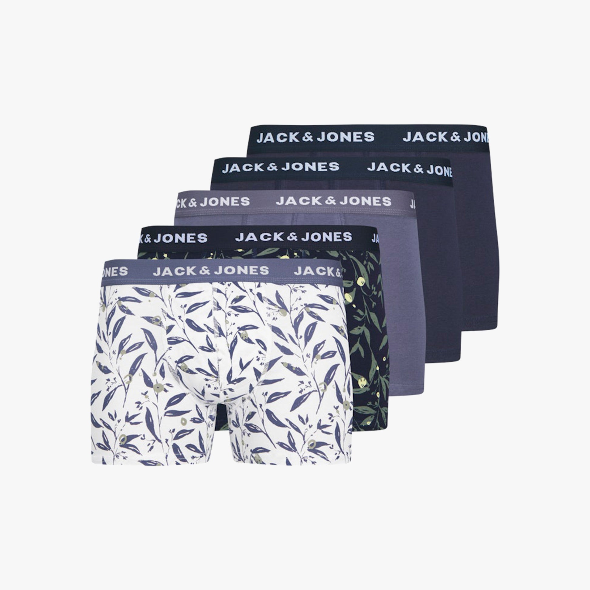 Jack & Jones HARVEY Mens 5-Pack Trunks Night Sky side view showcasing assorted designs with elasticated waistbands.