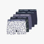 Jack & Jones HARVEY Mens 5-Pack Trunks Night Sky side view showcasing assorted designs with elasticated waistbands.