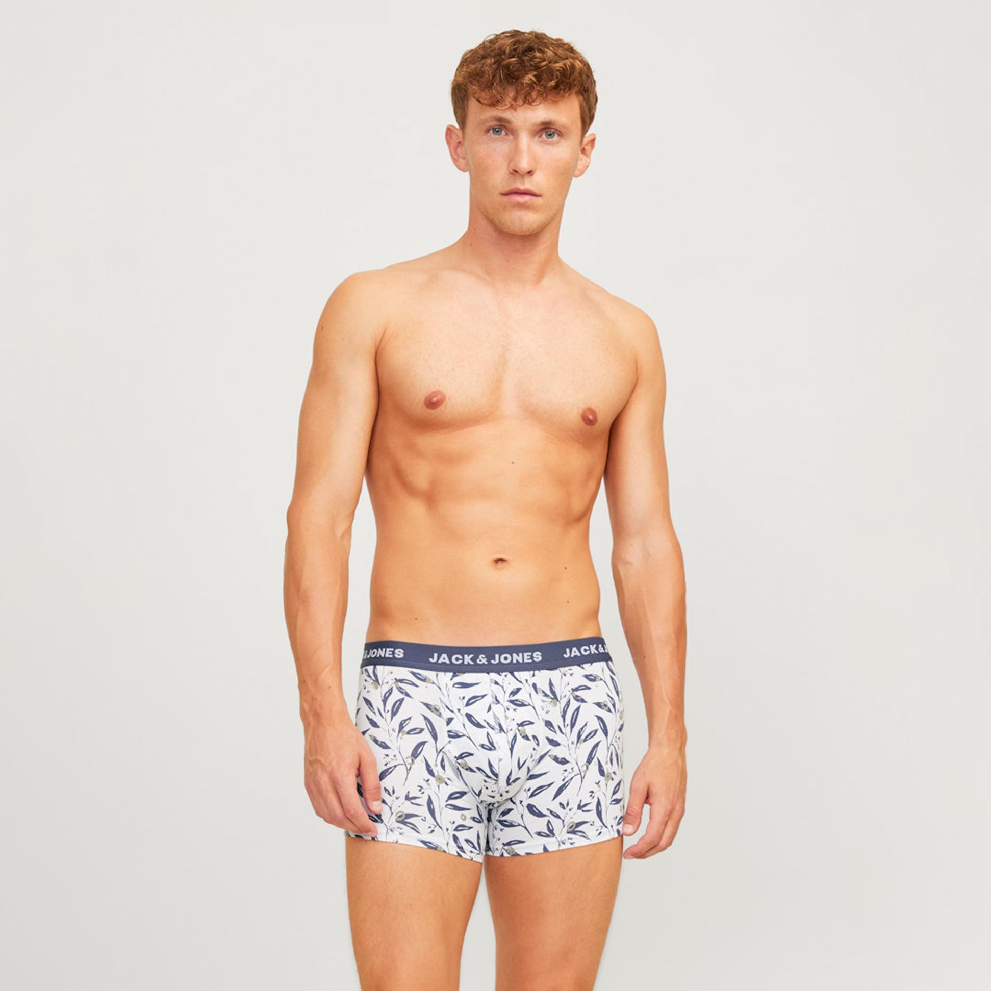 Jack & Jones HARVEY Mens 5-Pack Trunks Night Sky front view model wearing trunks with elasticated waistband and lightweight fabric