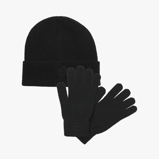 Jack & Jones TRAIN Mens Hat & Gloves Set Black, front view showing beanie and gloves, gift boxed, cozy materials.
