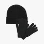 Jack & Jones TRAIN Mens Hat & Gloves Set Black, front view showing beanie and gloves, gift boxed, cozy materials.