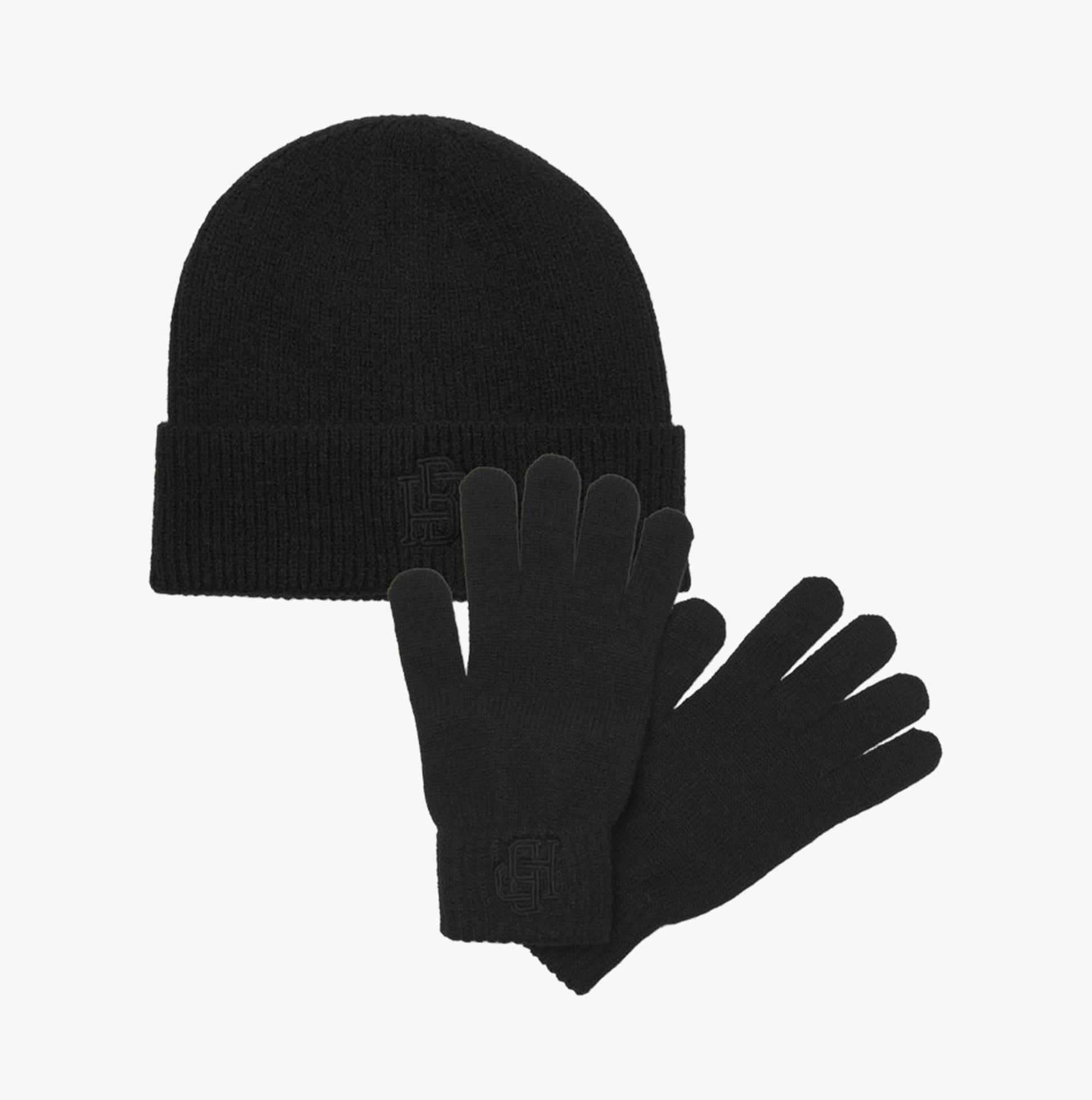 Jack & Jones TRAIN Mens Hat & Gloves Set Black, front view showing beanie and gloves, gift boxed, cozy materials.
