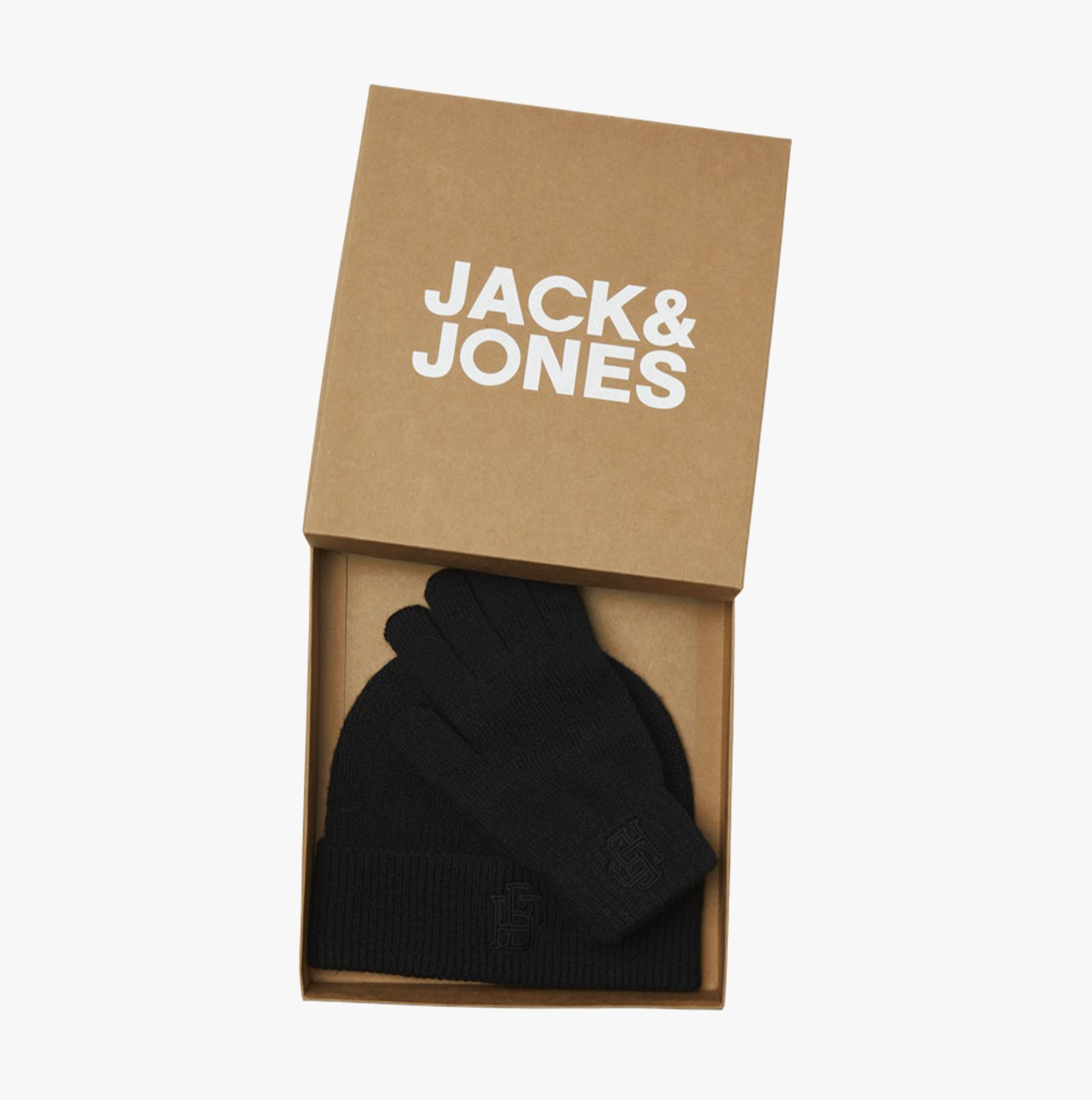 Jack & Jones TRAIN Mens Hat & Gloves Set Black in gift box showing beanie and gloves, front view.