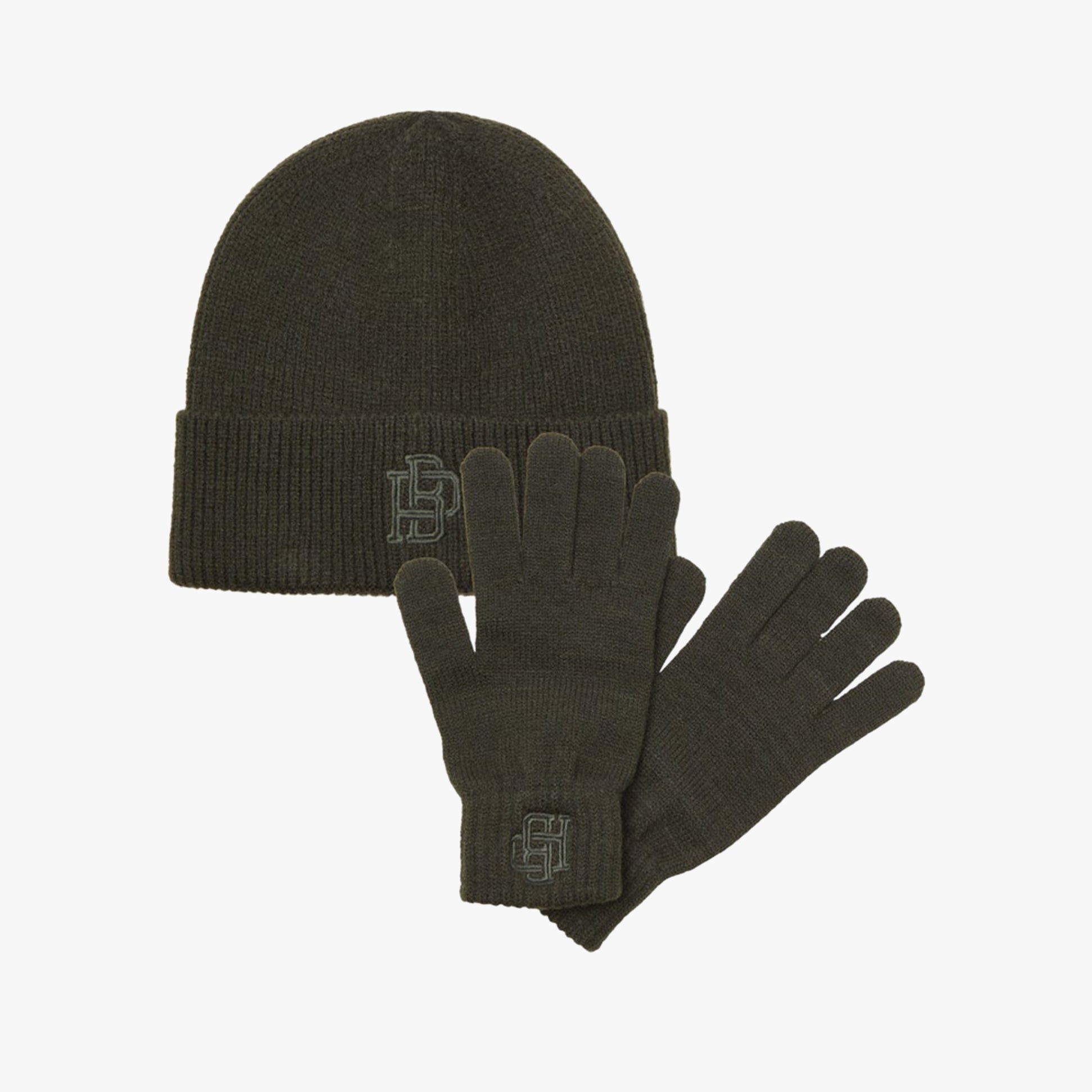 Jack & Jones TRAIN Mens Hat & Gloves Set Peat front view showing beanie and gloves in dark green color.