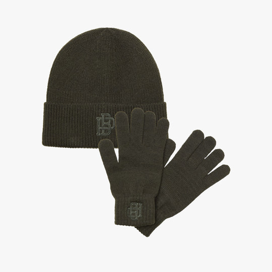 Jack & Jones TRAIN Mens Hat & Gloves Set Peat front view showing beanie and gloves in dark green color.