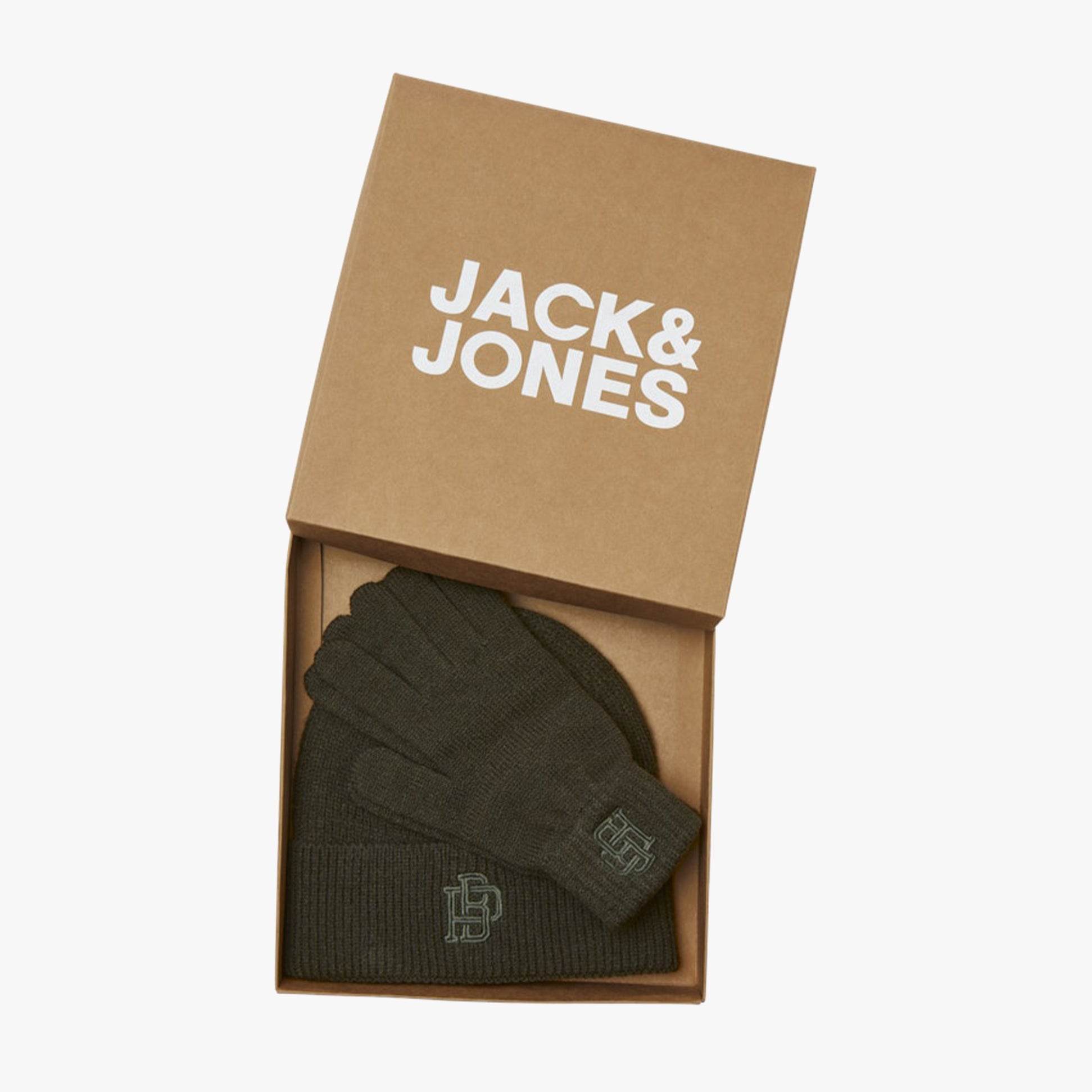 Jack & Jones TRAIN Mens Hat & Gloves Set Peat, front view, presented in gift box.