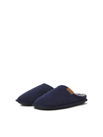 Jack & Jones CORDIE Mens Mule Slippers Navy Blazer side view of navy textile slippers with round toe and slip-on design.