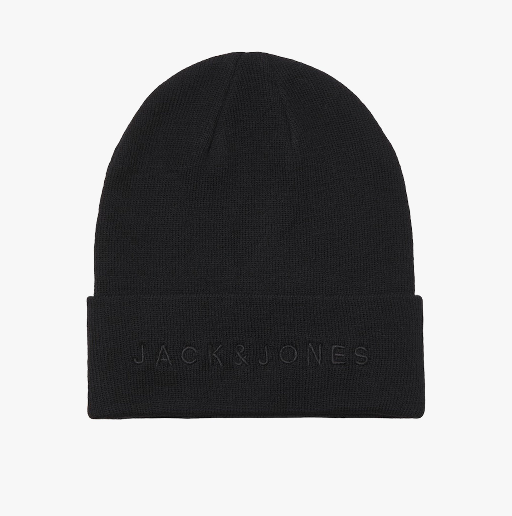 Jack & Jones GIVE Mens Beanie Black front view, made of breathable 100% recycled polyester, stylish and comfortable.
