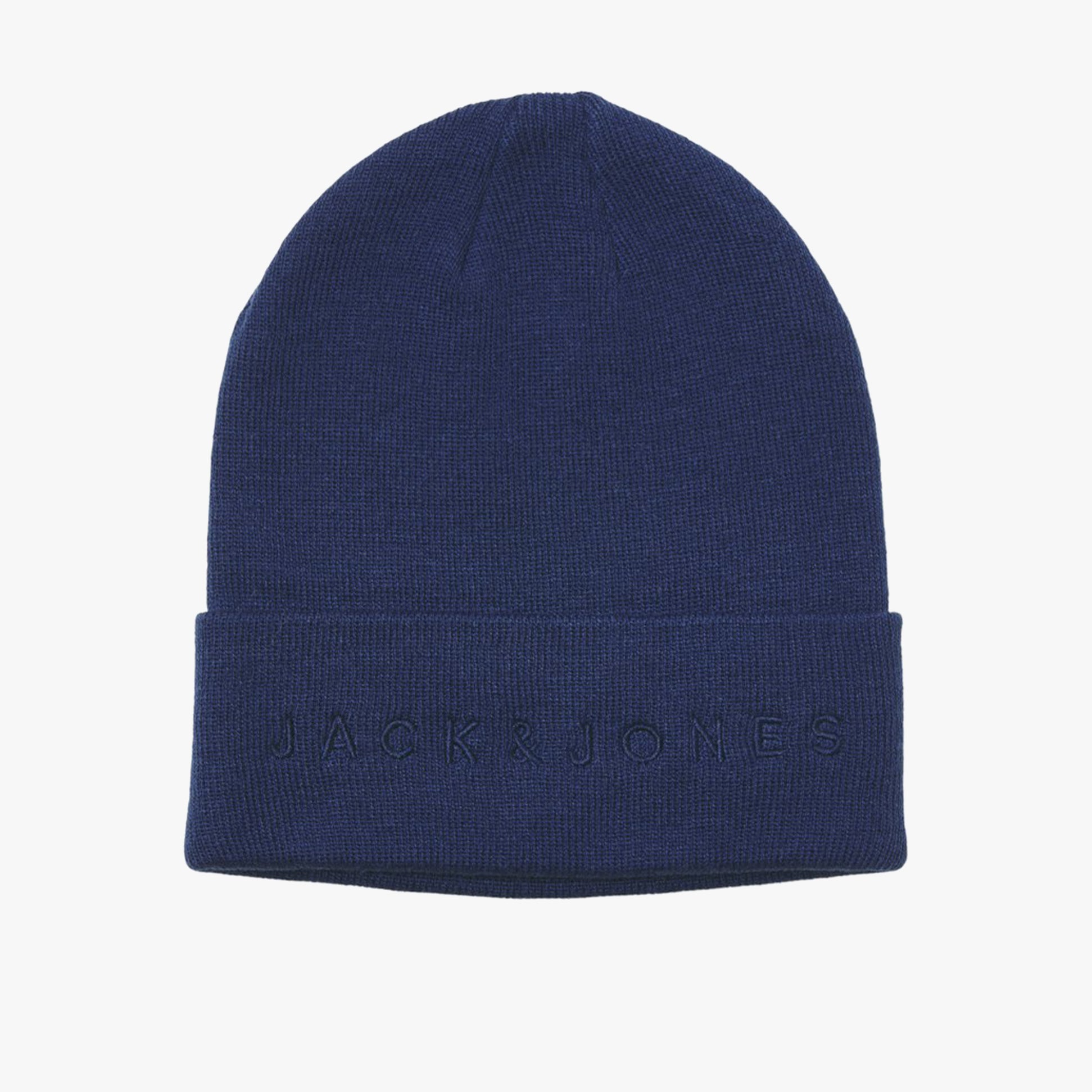 Jack & Jones GIVE Mens Beanie Blueprint front view, cozy blue knit design, made from 100% recycled polyester.