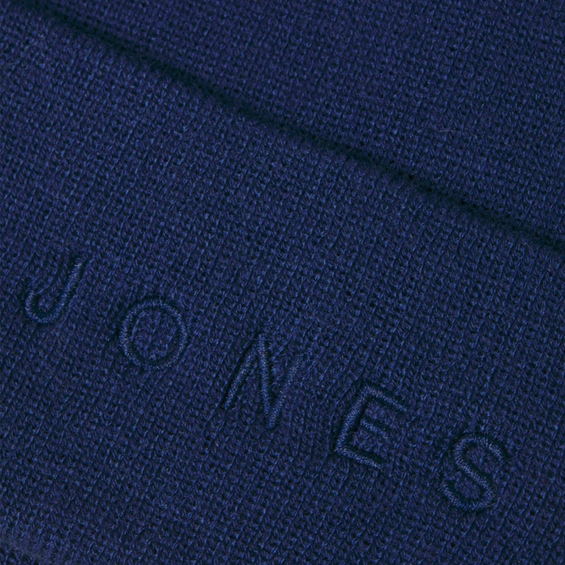 Jack & Jones GIVE Mens Beanie Blueprint detail view featuring embossed 'JONES' logo in navy blue.