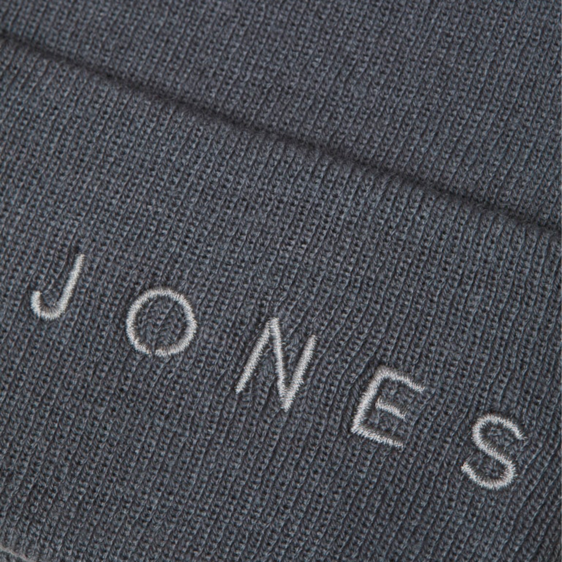Jack & Jones GIVE Mens Beanie Iron Gate detail view of fabric texture and logo.