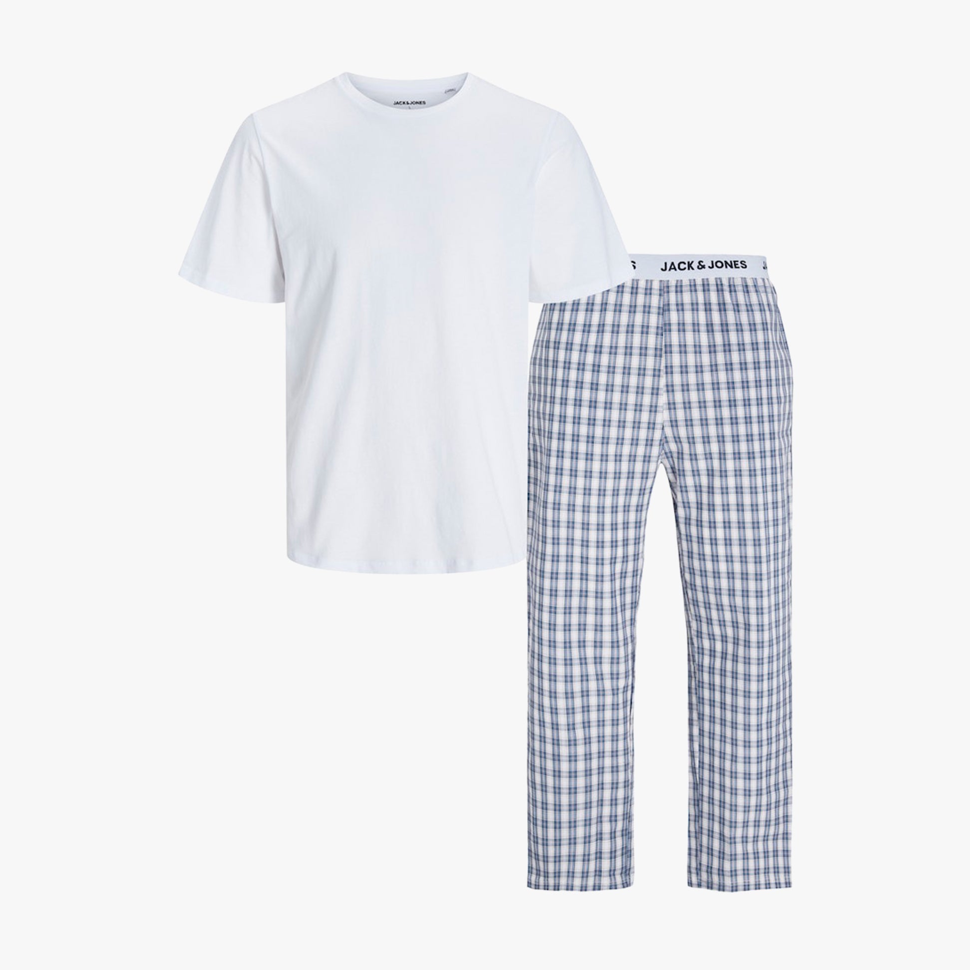 Jack & Jones LUCA SS Mens T-Shirt And Pants Set White front view featuring a white tee and blue checkered pants.