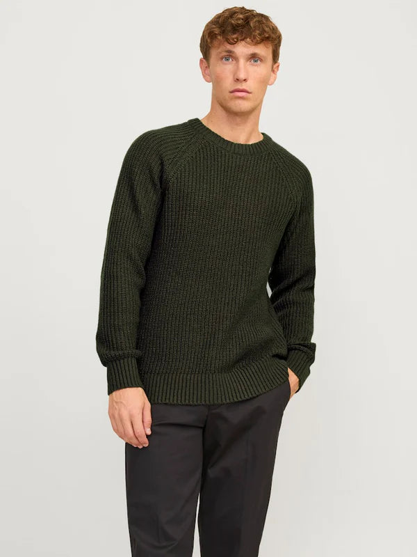 Jack & Jones KNIT CREW NECK Mens Jumper Rosin front view featuring ribbed texture in dark green color.