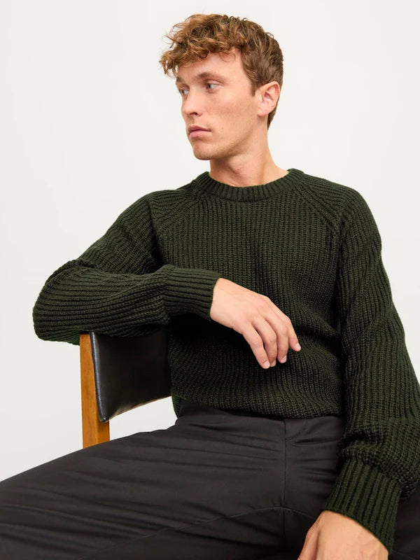 Jack & Jones KNIT CREW NECK Mens Jumper Rosin front view on model, showcasing olive green color and textured knit design.