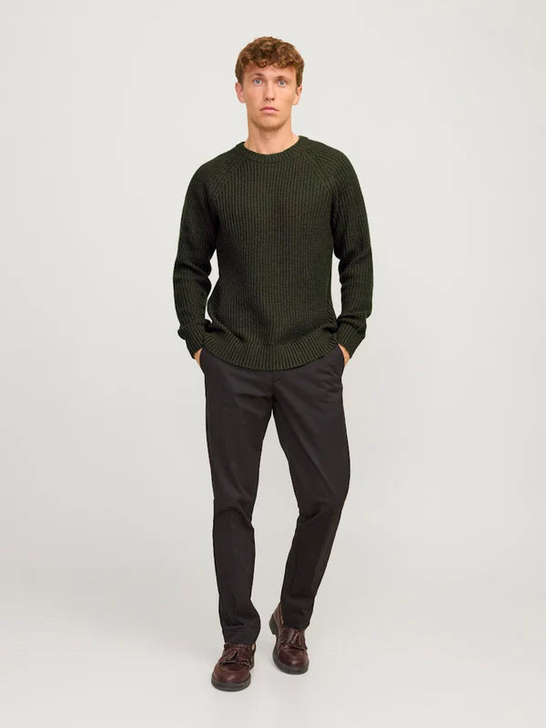 Jack & Jones KNIT CREW NECK Mens Jumper Rosin front view with model wearing a dark green ribbed sweater.
