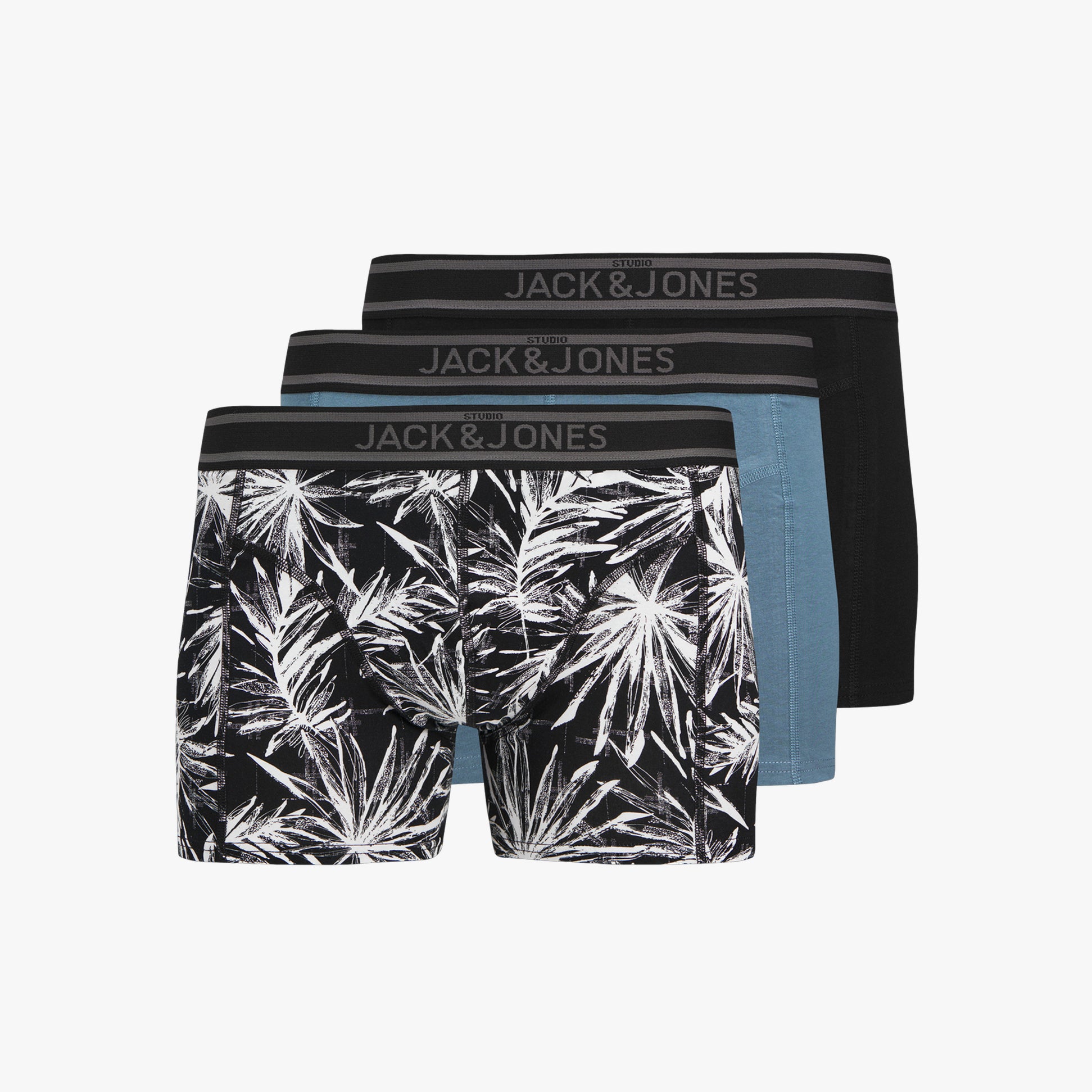 Jack & Jones JACRICHARD 3 Pack Mens Trunks Black, front view showcasing the trunks with palm leaf design and branded waistband.